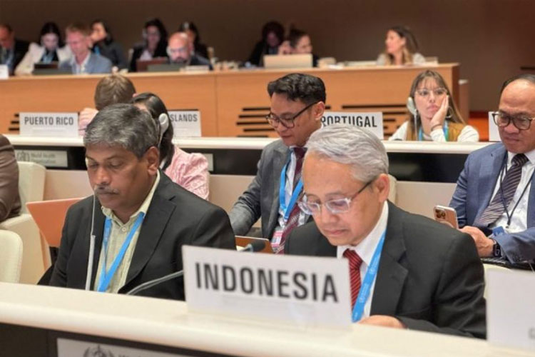 Sekretaris Jenderal Kementerian Kesehatan Kunta Wibawa Dasa Nugraha (kanan depan) dalam acara Sidang World Health Assembly (WHA) ke-78 di Jenewa, Swiss, Jumat (23/5/2025). (FOTO: ANTARA/HO - Kementerian Kesehatan)