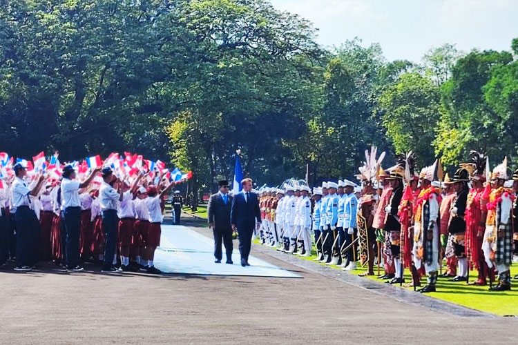 Presiden RI Prabowo Subianto dan Presiden Prancis Emmanuel Macron melakukan inspeksi pasukan bersama saat menerima kunjungan resmi di Istana Merdeka Jakarta, Rabu (28/5/2025). (FOTO: ANTARA/Mentari Dwi Gayati)