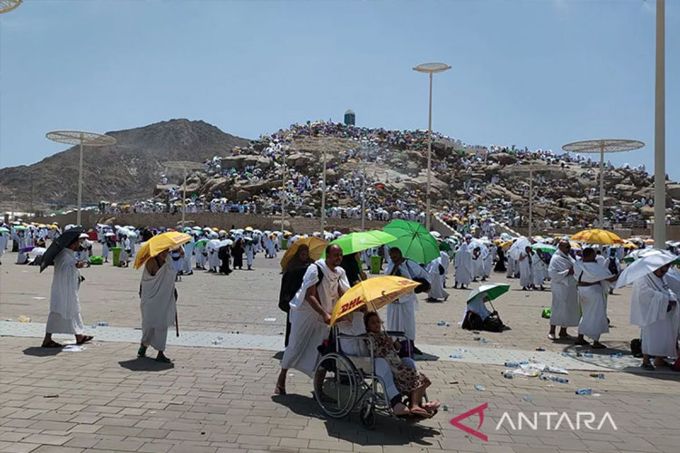 foto dokumen - Sejumlah jemaah haji menggunakan payung untuk melindungi diri dari teriknya sengatan sinar matahari saat melakukan wukuf di Padang Arafah, Selasa (27/6/2023). (ANTARA/Azis Kurmala).