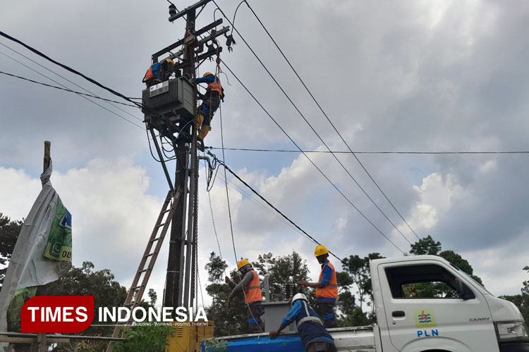 Proses perbaikan trafo oleh tim PLN di Kecamatan Krucil. (FOTO: Fafa Harowy/TIMES Indonesia)
