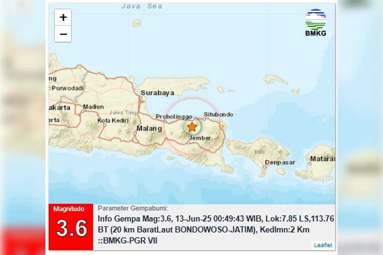 Gempa terjadi di Kabupaten Bondowoso Jawa Timur dini hari sekitar pukul 00.47 WIB. BMKG mencatat gempa dengan kekuatan 3,6 M. (FotoV BMKG)