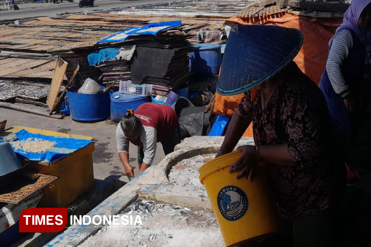 Para perajin ikan asin di Muncar Banyuwangi. (Foto: Anggara Cahya/TIMES Indonesia)