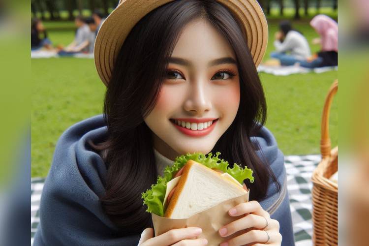 Gadis cantik memakan sandwich sebagai bekal pikniknya. (Ilustrasi: TIMES AI Academy)