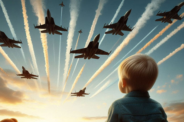Ilustrasi: Anak kecil menyaksikan jet tempur melintas di langit. (Foto: TIMES AI Academy)