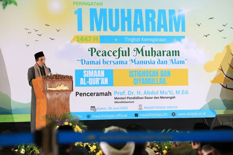 Menteri Agama Nasaruddin Umar dalam peringatan 1 Muharam 1447 Hijriah tingkat kenegaraan yang berlangsung di Masjid Istiqlal, Jakarta, Kamis (26/6/2025). (ANTARA/HO-Kemenag)