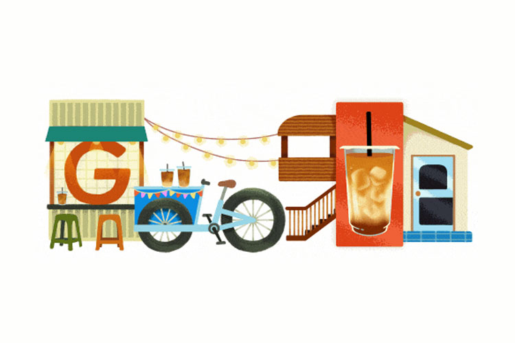 Google Doodle menampilkan kopi susu gula aren untuk pengguna di Indonesia.