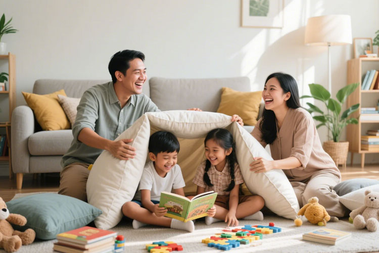 Ilustrasi - Kebersamaan sederhana, kebahagiaan luar biasa. Momen liburan sekolah di rumah seperti ini membangun tenda dari bantal, membaca buku, dan tertawa bersama jadi kenangan manis yang tak terlupakan bagi anak dan orangtua. (Foto: Generate by AI)