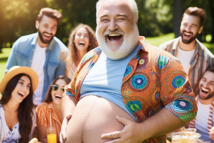 Illustration: An old guy with beer belly having a picnic with his family. (Photo: TIMES AI Academy)