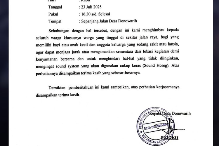 Pemdes Donowarih Imbau Warga Kabupaten Malang Mengungsi Saat Karnaval dengan Sound Horeg