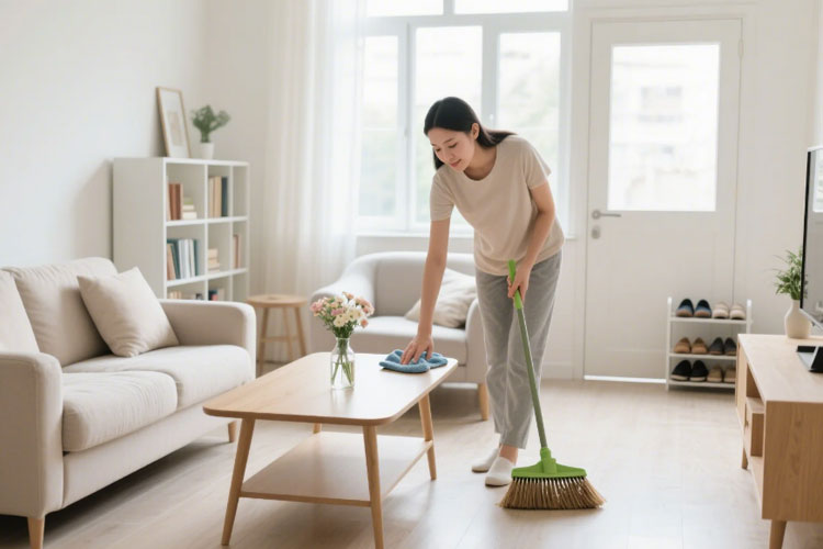 Seorang ibu rumah tangga sedang menyapu lantai ruang tamu sambil mengelap meja menggunakan kain microfiber. (Foto: iStock)