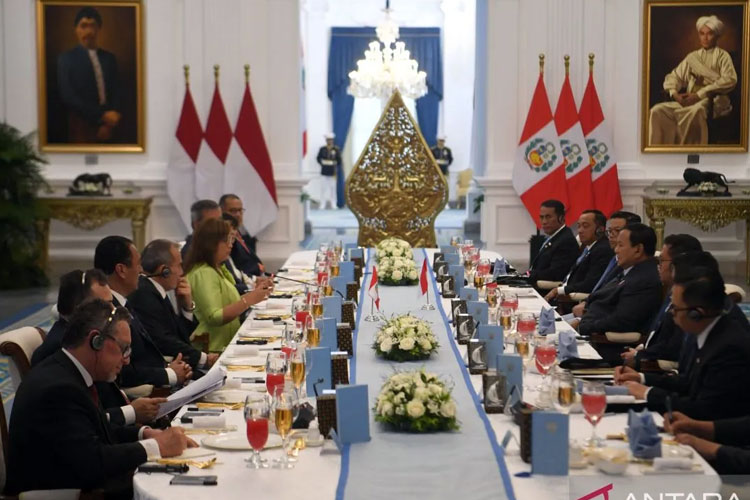 Presiden Prabowo Subianto saat melakukan pertemuan dengan Presiden Republik Peru Dina Ercilia Boluarte Zegarra (keempat kiri) beserta jajaran menterinya di Istana Merdeka, Jakarta, Senin (11/8/2025). (FOTOANTARA FOTO/Galih Pradipta/sgd/rwa)