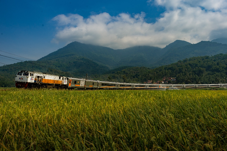 Rangkaian Kereta Api melintas di wilayah Daop 2 Bandung dengan latar belakang pesona panorama alam, Senin (11/8/2025). (FOTO: Humas Daop 2 Bandung/TIMES Indonesia)