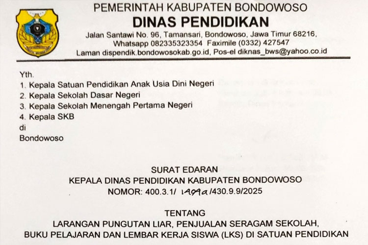 Surat edaran larangan pungutan liar yang dikeluarkan Dinas Pendidikan Kabupaten Bondowoso (FOTO: Tangkapan layar SE)