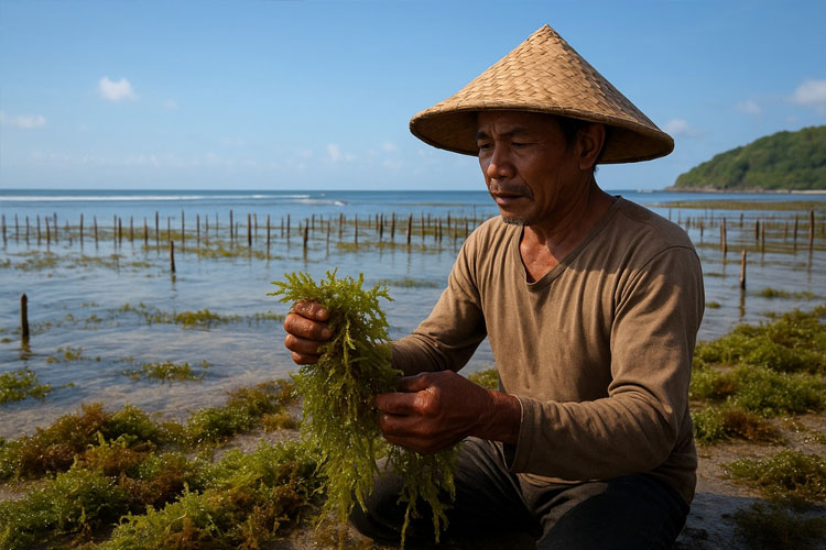 Ilustrasi pembudidaya rumput laut di Banyuwangi. (FOTO: Ilustrasi AI)
