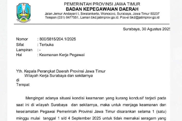 Surat BKD Jatim. (FOTO: Istimewa)
