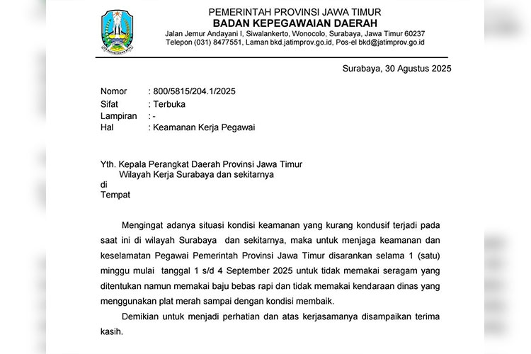 Beredar Surat BKD Jatim, ASN Diminta Pakai Baju Bebas Rapi dan Hindari Kendaraan Dinas