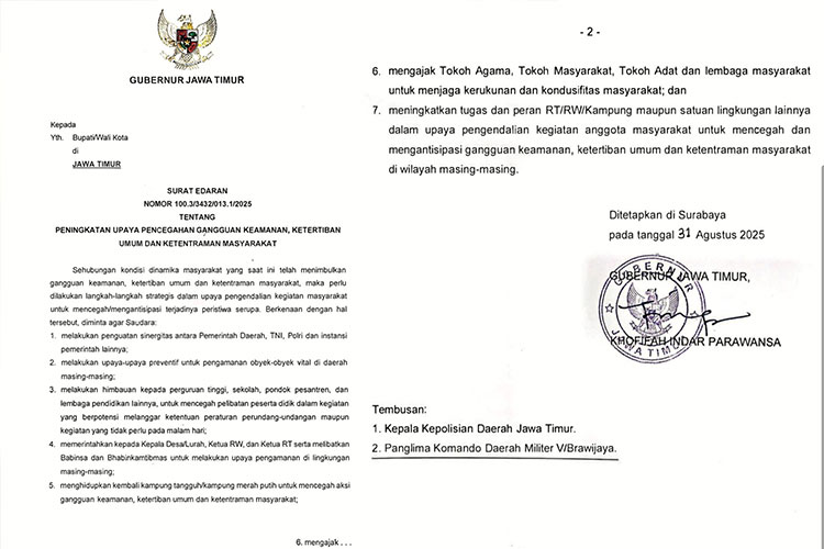 Gubernur Khofifah Terbitkan SE, Sinergi Daerah Atasi Gangguan Keamanan dan Ketertiban