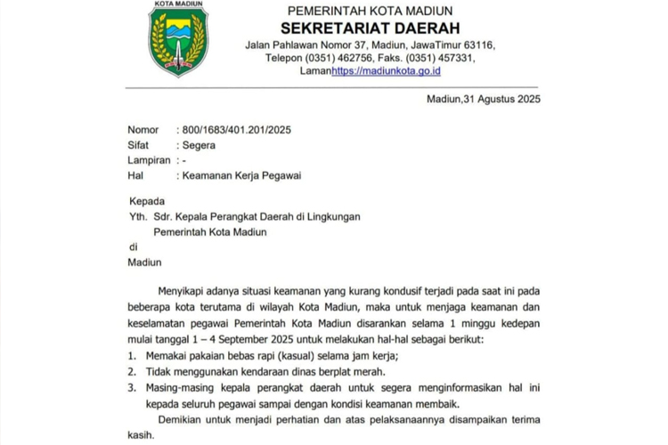 Demi Keselamatan dan Keamanan, ASN Pemkot Madiun Diminta Tanggalkan Seragam Kerja