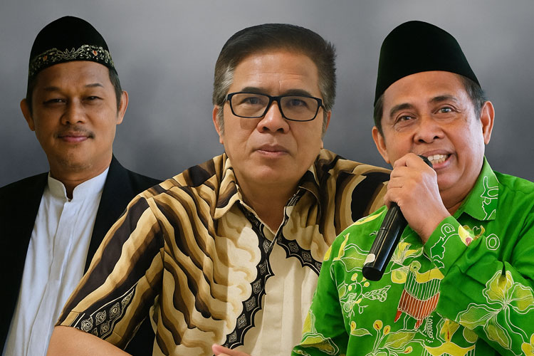 Ketua PD Muhammadiyah H Thoha Mahsun (Kiri), Ketua Bamag Gresik Pdt Royke William David (Tengah) dan Ketua PCNU KH Mulyadi (Foto: Diolah oleh AI)