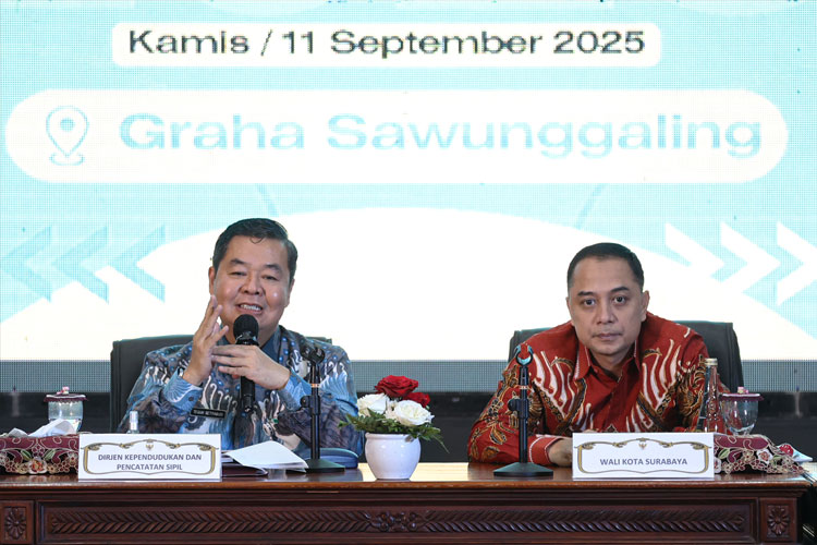 Dirjen Dukcapil Kemendagri, Teguh Setyabudi (kiri) bersama Wali Kota Eri Cahyadi saat Rapat Koordinasi Monitoring Kamtibmas Kota Surabaya. (FOTO: Humas Pemkot Surabaya)