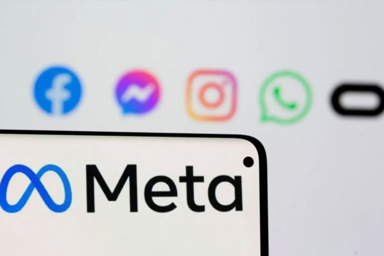 Logo Meta dengan latar logo aplikasi Facebook, Messenger, Intagram, Whatsapp, dan Oculus. (REUTERS)