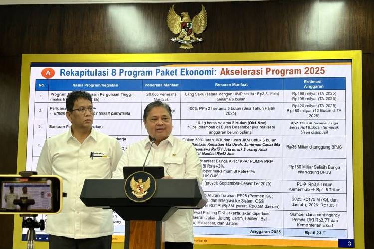Menteri Koordinator Bidang Perekonomian Airlangga Hartarto mengumumkan Paket Kebijakan Ekonomi 2025 di Kantor Presiden RI, Istana Kepresidenan RI, Jakarta. (Foto: ANTARA/Genta Tenri Mawangi)