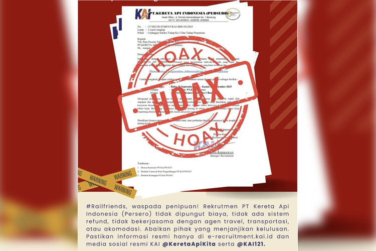 KAI Daop 8 Surabaya mengimbau masyarakat untuk lebih waspada terhadap penipuan berkedok rekrutmen pegawai yang mengatasnamakan KAI, Senin (15/9/2025). (Foto: Dok.KAI)