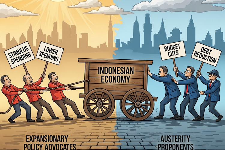 Ilustrasi dua mazhab ekonomi dalam Arah Kebijakan Indonesia. (Foto: TIMES Indonesia AI)
