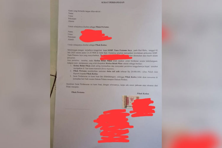 Surat pernyataan korban KMP Tunu Pratama Jaya. (Foto : Dokumentasi TIMES Indonesia)