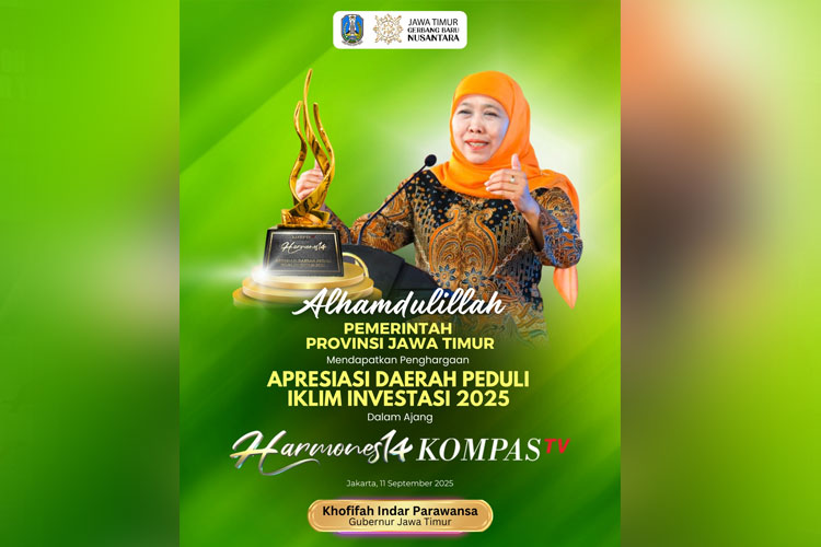 Gubernur Khofifah memimpin Jatim sebagai pusat investasi berkelanjutan dan berhasil meraih penghargaan dari KompasTV.(Dok.Humas Pemprov Jatim)