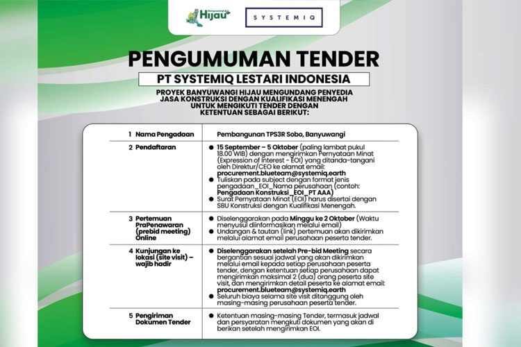 Penguman tender Banyuwangi Hijau PT. Systemiq Lestari. (FOTO: Dok. TIMES Indonesia)