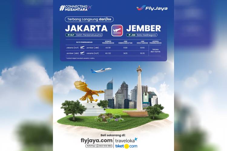 Pamlet pemesanan tiket penerbangan Fly Jaya Jember - Jakarta, di Bandara Notohadinegoro Jember maupun Bandar Halim Perdanakusuma Jakarta. (Dok Fly Jaya)