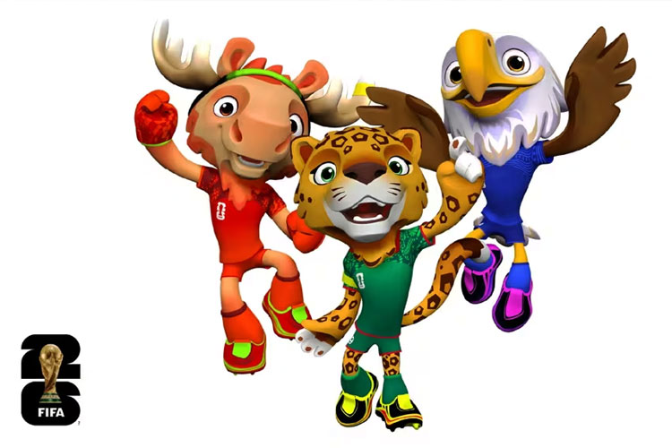 Maple si Rusa Besar (Kanada), Zayu si Jaguar (Meksiko), dan Clutch si Elang Botak (Amerika Serikat), trio maskot PIala Dunia 2026. (FOTO: FIFA)