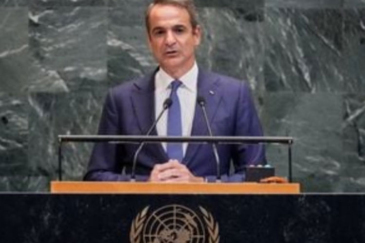 Perdana Menteri Yunani Kyriakos Mitsotakis berpidato di sidang ke-80 Majelis Umum Perserikatan Bangsa-Bangsa, Jumat (26/9/2025) (FOTO: AP)