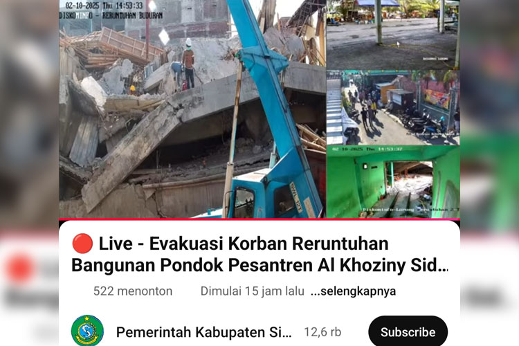 Live streaming proses evakuasi ponpes Al Khoziny di Channel youtube Pemerintah Kabupaten Sidoarjo. (Foto: Tangkapan Layar)