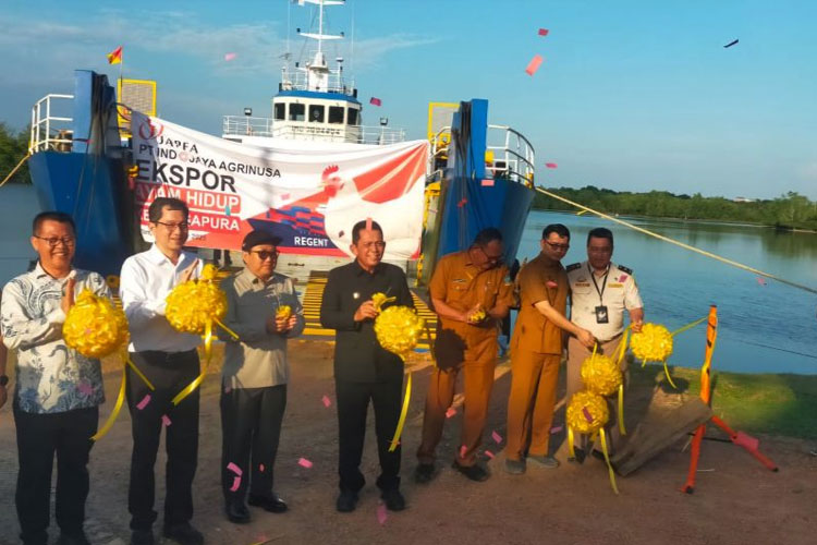 Pelepasan ekspor ayam hidup dari Kabupaten Bintan ke Singapura melalui Pelabuhan Batu 6 Sri Payung, Tanjungpinang, Kepri, Senin (6/10/2025). (FOTO: Antara/Ogen)
