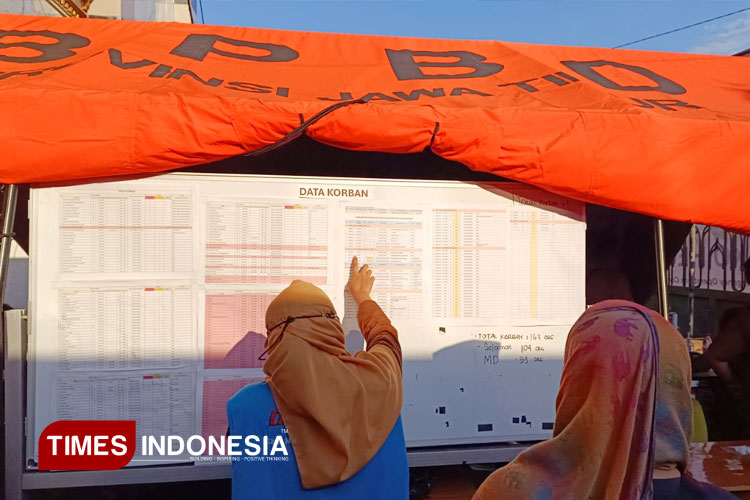 Keluarga atau Wali Santri melihat papan pengumuman data korban yang baru di update di Posko Utama Tim SAR. (FOTO: Rudi Mulya/TIMES Indonesia)