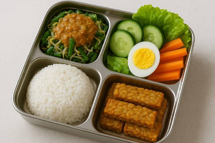 A set of nasi pecel in a lunch box. (Photo: AI generated)