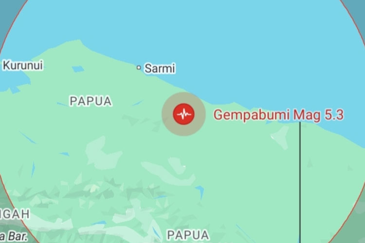 BMKG mencatat pusat gempa berada di darat, sekitar 100 kilometer tenggara Sarmi-Papua, dengan titik koordinat 2,50 Lintang Selatan dan 139,38 Bujur Timur. Kedalaman gempa terukur 20 kilometer, dan tidak berpotensi tsunami. (foto: BMKG)