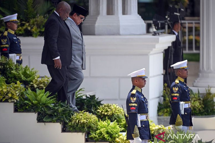 Presiden Prabowo Subianto (tengah) dan Presiden Afrika Selatan Cyril Ramaphosa (kedua kiri). (Foto: ANTARA FOTO/Aditya Pradana Putra/tom)
