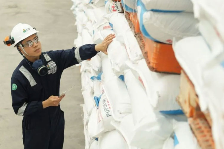 Seorang pekerja memeriksa stok pupuk di gudang milik PT Pupuk Indonesia (Persero). (FOTO: ANTARA/HO-Pupuk Indonesia)