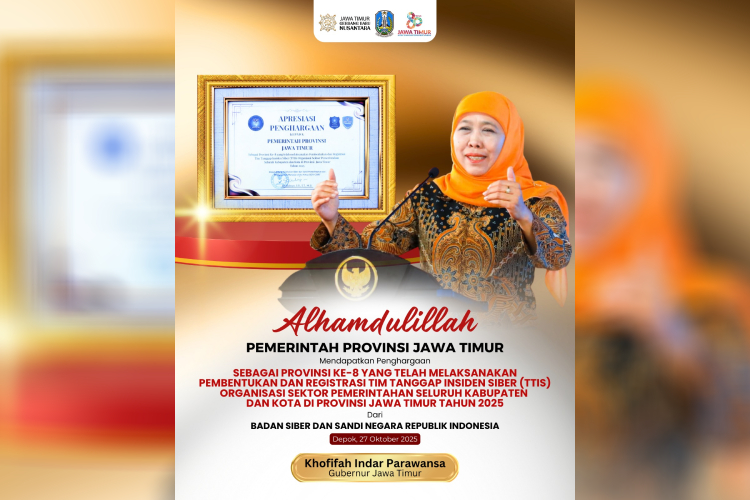 Pemprov Jatim di bawah kepemimpinan Gubernur Khofifah meraih penghargaan provinsi yang berhasil menuntaskan pembentukan Tim Tanggap Insiden Siber.(Dok.Humas Pemprov Jatim)