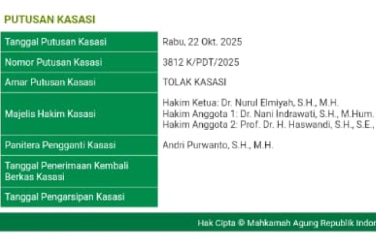 MA menolak permohonan kasasi perkara perdata putri Zulkifli Hasan. (Foto: Tangkapan Layar)