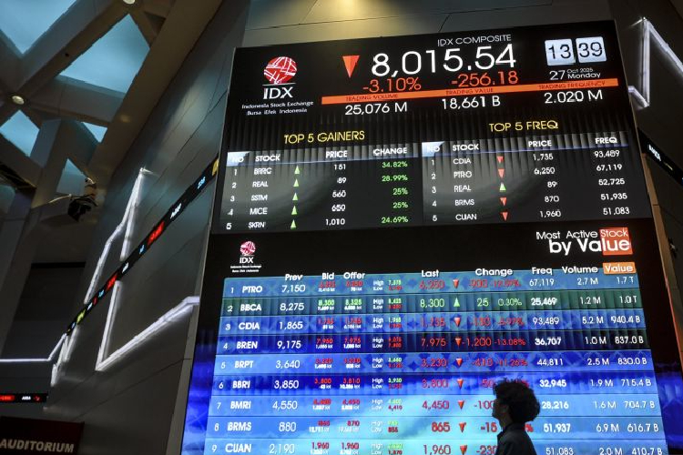 Pengunjung melintas di depan layar yang menampilkan pergerakan harga saham di Bursa Efek Indonesia, Jakarta, Senin (27/10/2025). (Foto: Antara/Hafidz Mubarak A/YU)