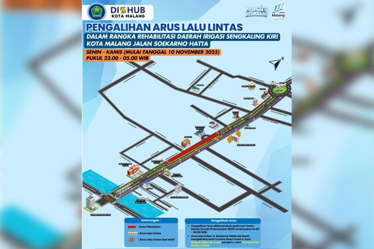 Peta rekayasa arus lalu lintas di Jl Soekarno Hatta Kota Malang yang akan berlaku mulai nanti malam hingga esok pagi pukul 05.00. (FOTO: Istimewa)