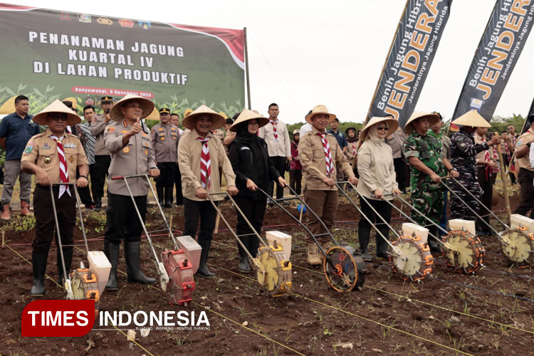 Saat acara panen padi, penanaman jagung kuartal IV, dan penanaman pohon durian di Green Farm Desa Karangsari, Sempu, Banyuwangi. (Foto: Humas Pemkab for TIMES Indonesia)