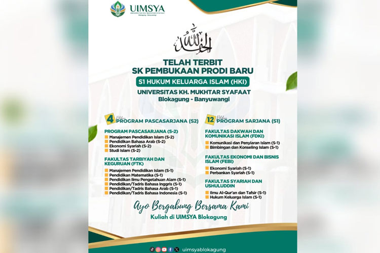Luncurkan Prodi S1 Hukum Keluarga Islam, Kuliah di UIMSYA Blokagung Banyuwangi Kini Makin Lengkap