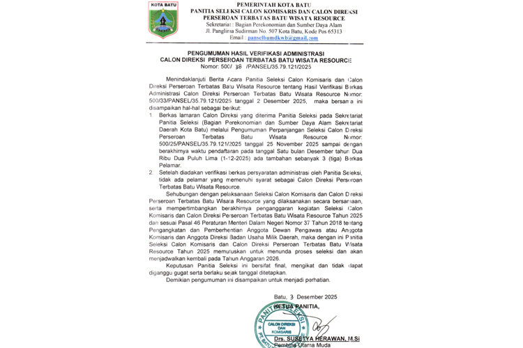 Tiga Pendaftar Tak Penuhi Syarat, Seleksi Direksi PT BWR Ditunda Tahun Depan