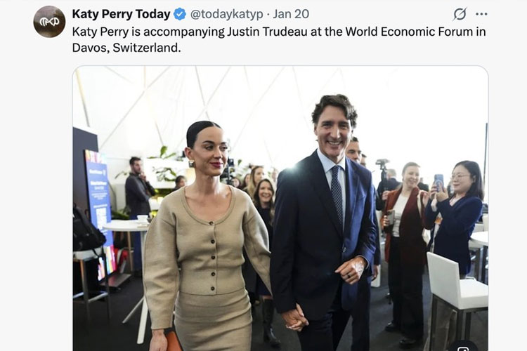 Gaya Baru Katy Perry Saat Dampingi Justin Trudeau di WEF Davos